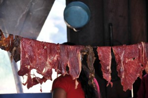When you don't have a fridge, hang the meat out in the open. It will stay dry and last longer! When you don't have a fridge, hang the meat out in the open. It will stay dry and last longer!